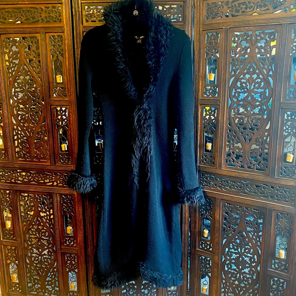 Vintage faux fur trim sweater duster jacket